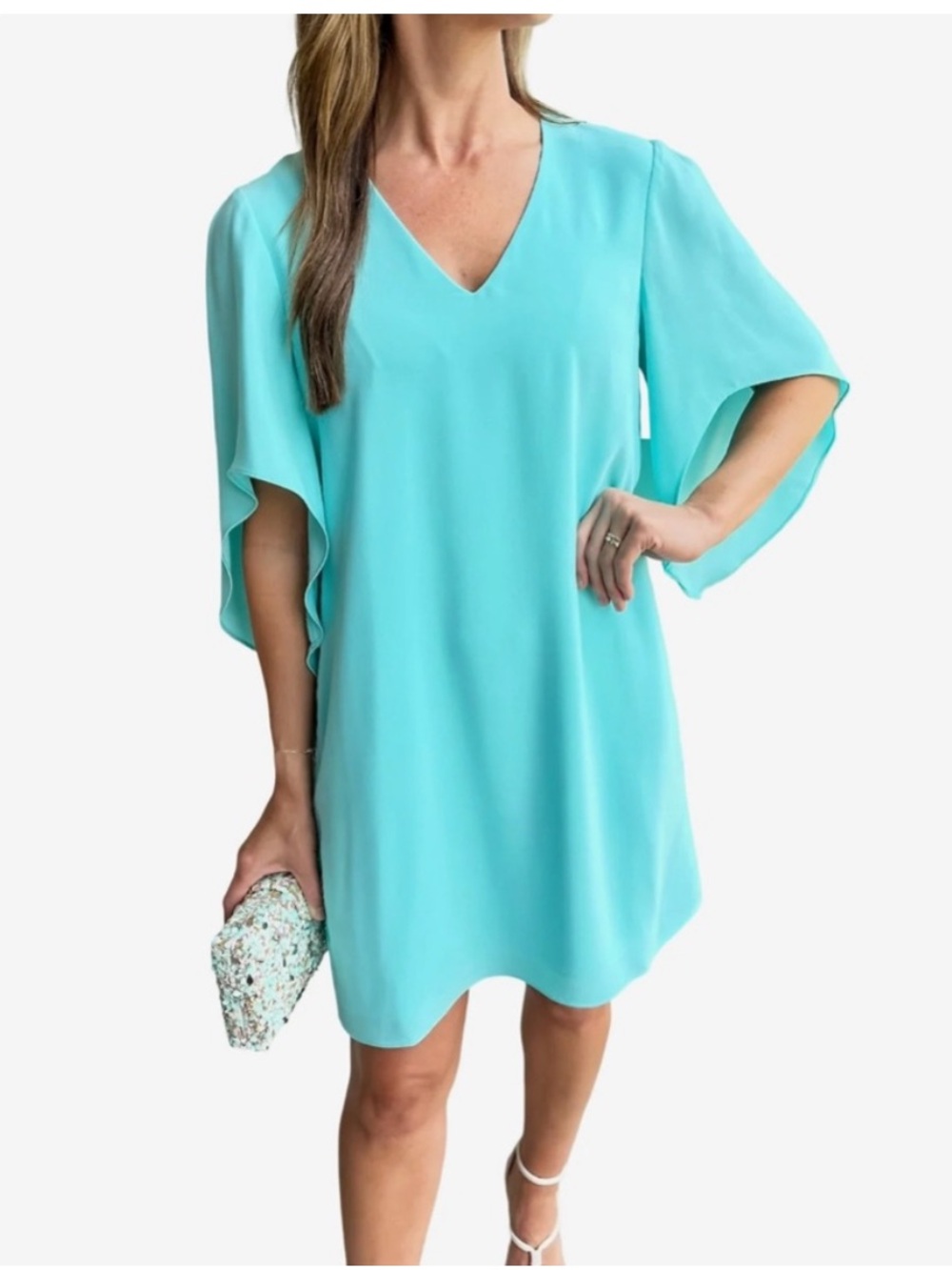 ANNA CATE Meredith Shift Dress Flutter Sleeve Women’s SMALL Aqua Teal
